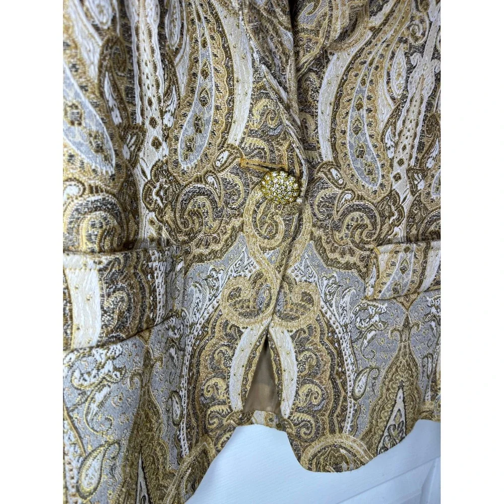 Coldwater Creek Blazer Jacquard Paisley Size Medium Gold Silver Metallic Button